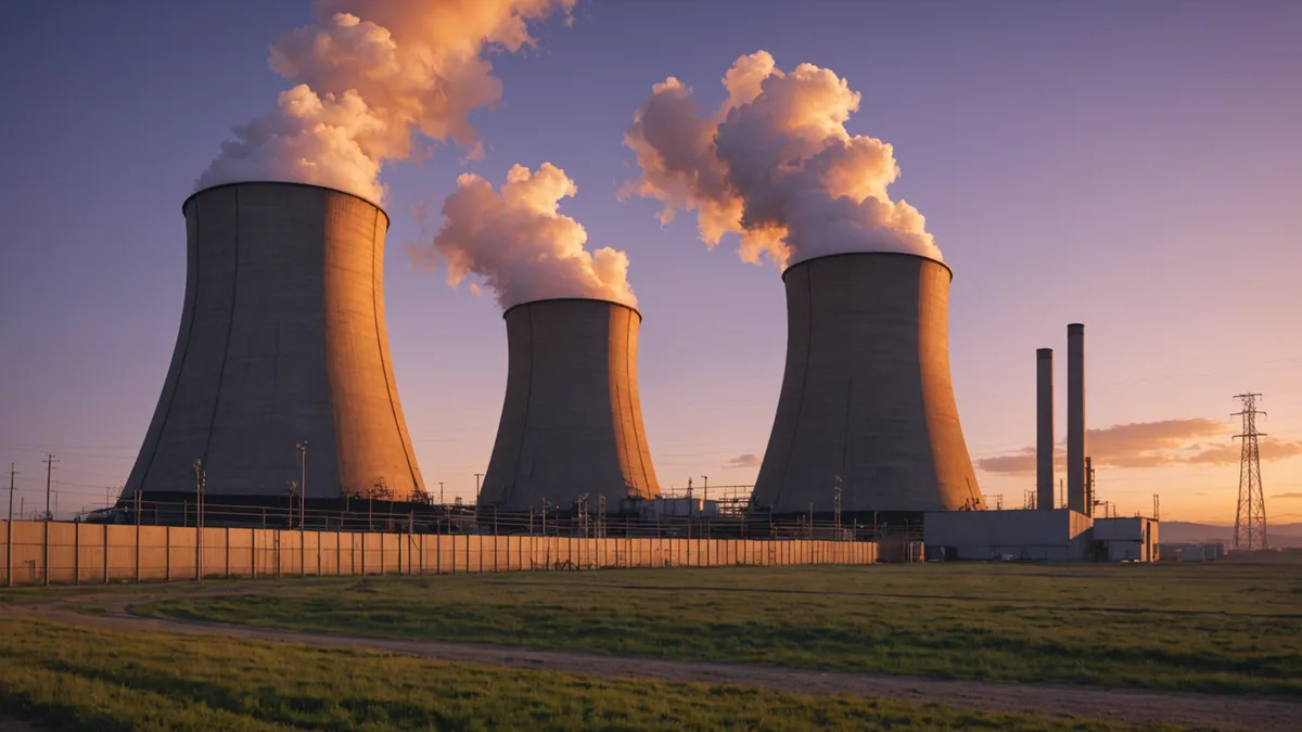 Power plant facility at dusk with overhead airspace visible