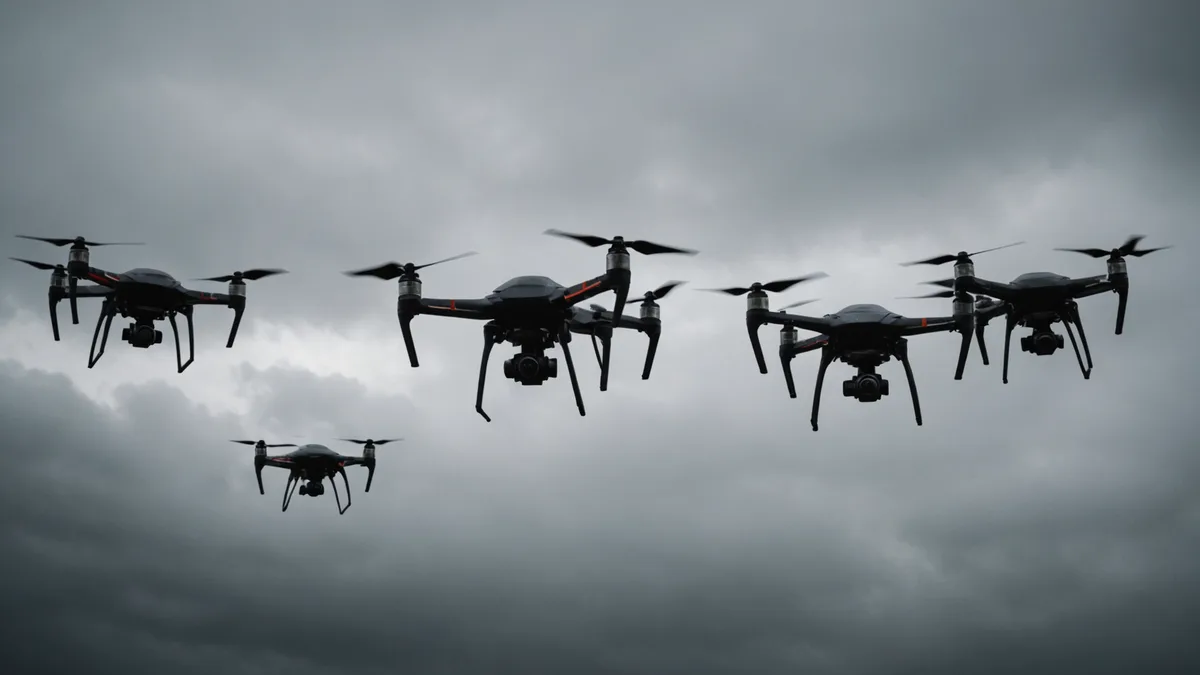 Multiple drone silhouettes in formation against a grey sky