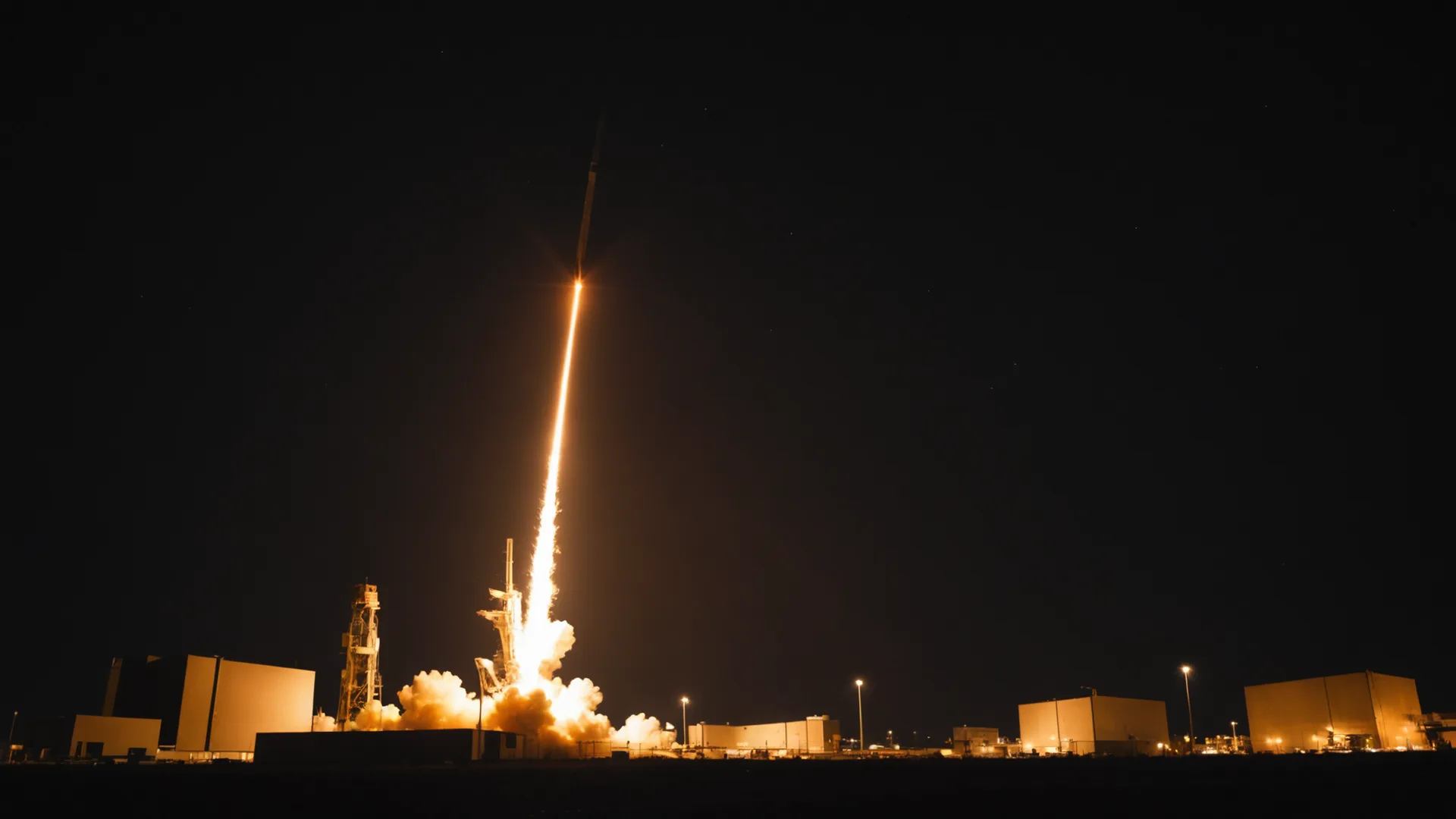 Kinetic interceptor launch trail at night against a dark sky over an industrial installation