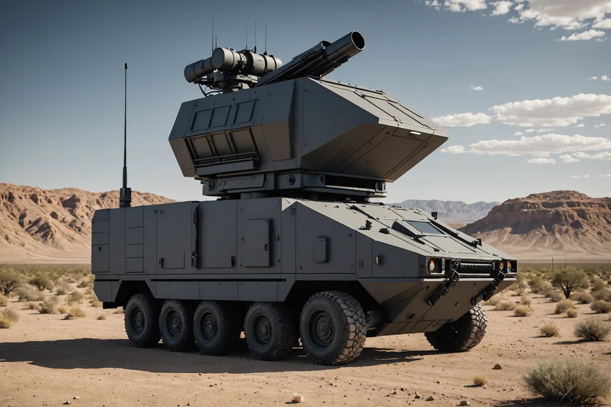 ARES-1 kinetic interceptor system render showing launcher rail assembly and sensor array