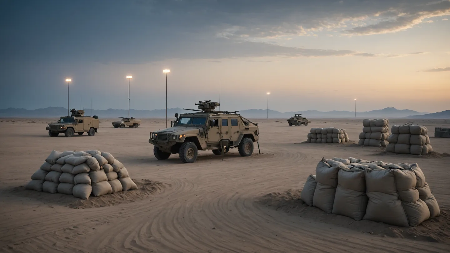 Forward operating base perimeter at dusk with counter-drone system
