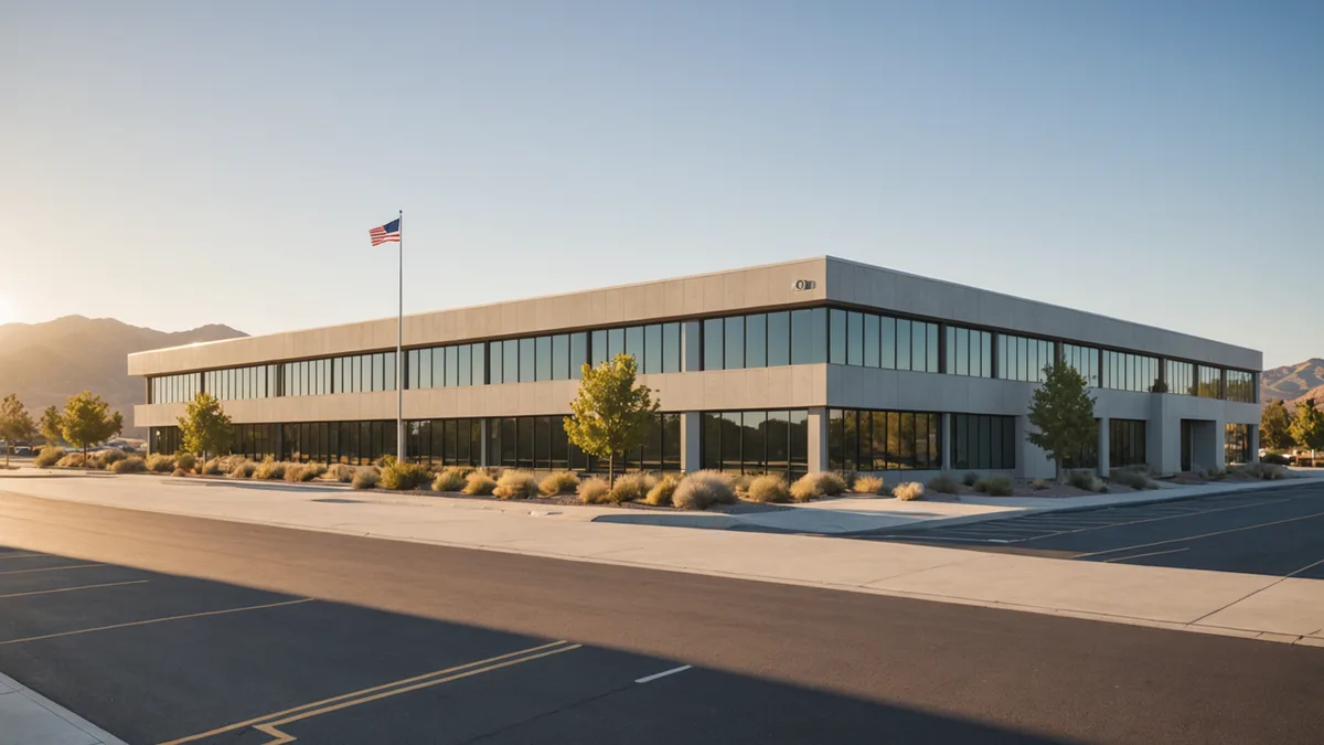 Modern defense technology office building in Huntsville Alabama at sunrise