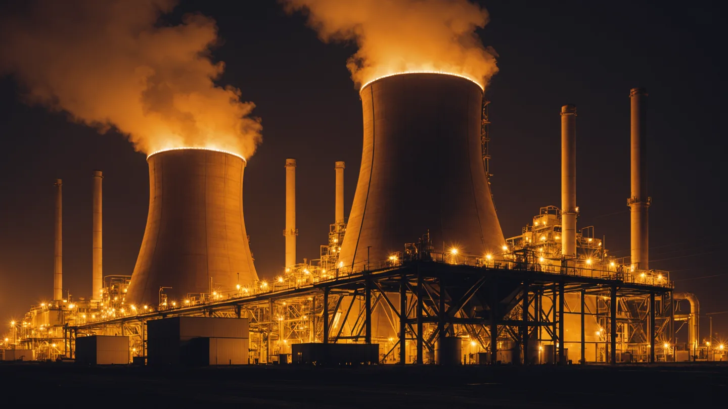 Energy facility at night with drone defense installation